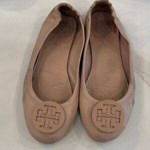 Tory Burch Nude Blush Leather Logo Ballet Flats